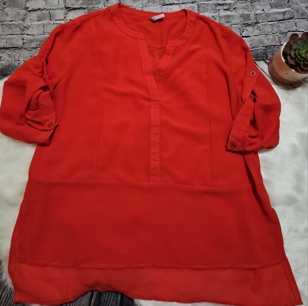 B Envied Red Orange Sheer Roll Tab 3/4 Sleeves Blouse Top L